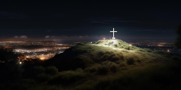 croix sainte de lumière blanche rougeoyante à la colline de golgotha la nuit