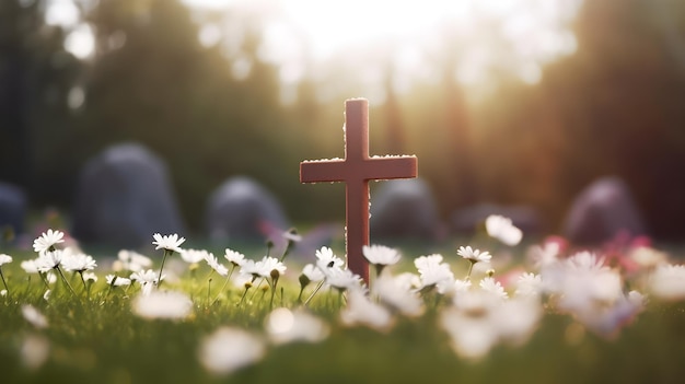 Une croix se dresse dans un champ de fleurs.