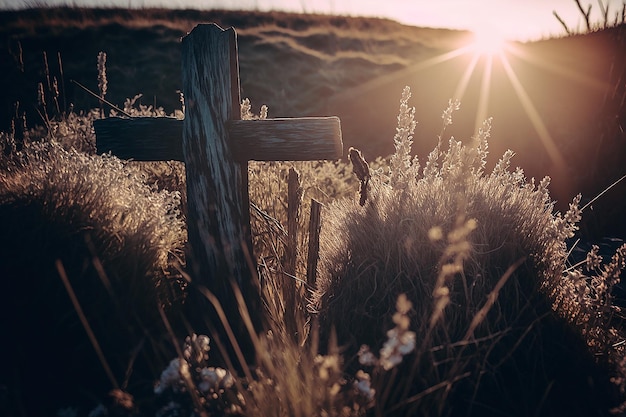 Les croix se tiennent sur une butte dans le champ dans les rayons du soleil du matin Concept de Pâques Illustration Generative AI
