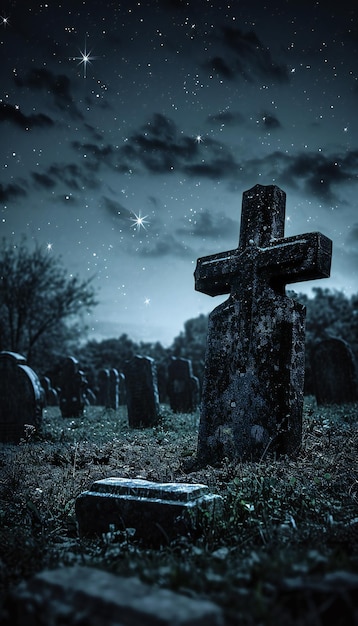 Une croix sous le ciel nocturne dans un cimetière effrayant