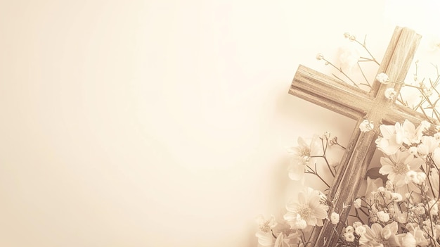 une croix sur une table avec des fleurs et une croix dessus