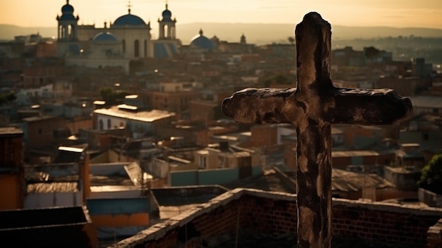 Une croix sur un toit avec la ville d'essaouira en arrière-plan