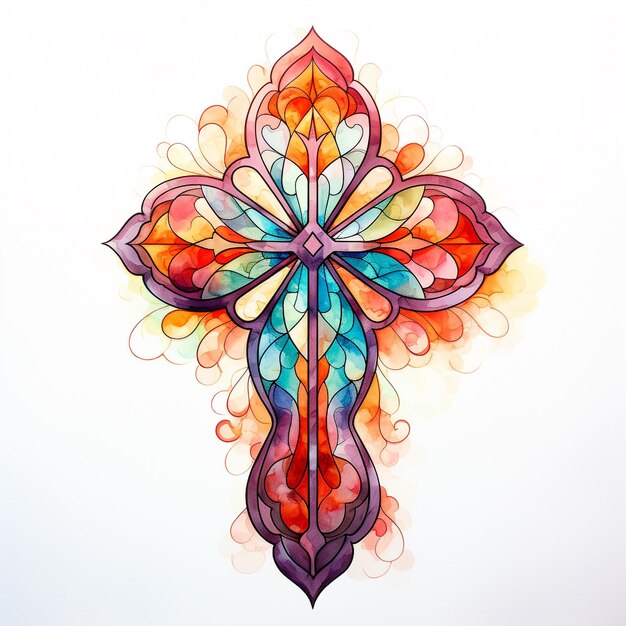 Croix en vitraux à l'aquarelle