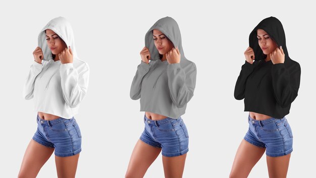 Crop top Hoodie blanc gris noir crop top sur une belle fille en short bleu portant une capuche