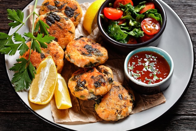 Photo croquettes de poisson au saumon et aux épinards avec salade de légumes frais, quartiers de citron et sauce chili douce sur une assiette sur une table en bois