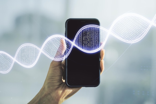 Croquis d'ADN créatif et main avec téléphone portable sur la biotechnologie de fond et le concept génétique