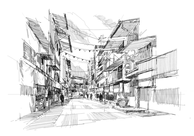 Photo croquis approximatif du vieux marché de rue