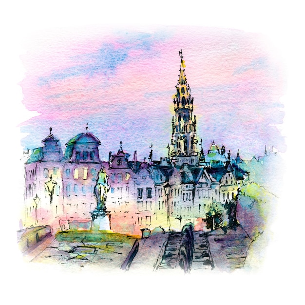 Croquis aquarelle de Bruxelles au coucher du soleil, Belgique