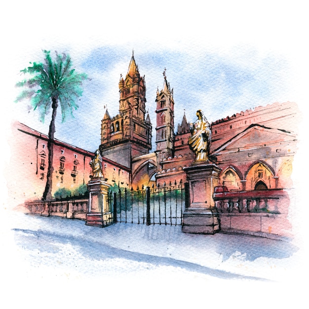 Croquis aquarelle de la cathédrale de Palerme, Sicile, Italie