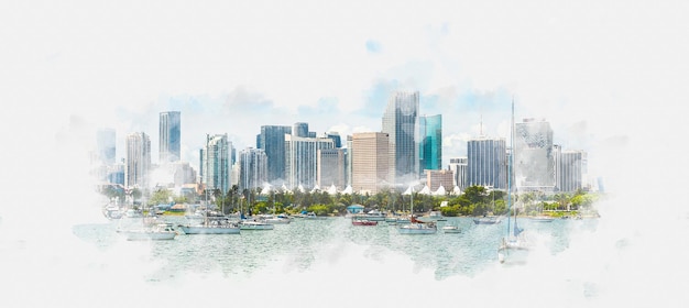 Croquis à l'aquarelle de l'horizon de miami avec des yachts, des bateaux et des gratte-ciel
