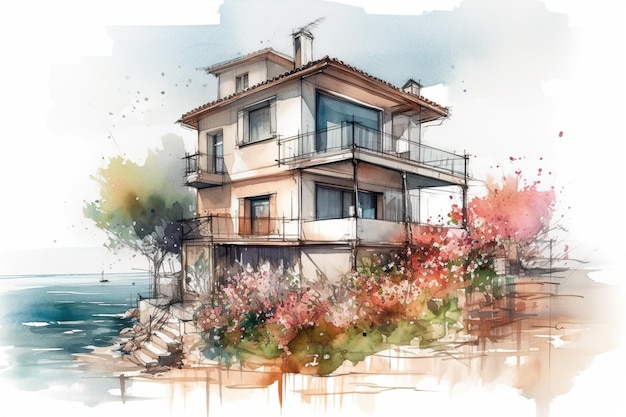 Un croquis à l'aquarelle d'une maison au bord de l'océan image générative ai