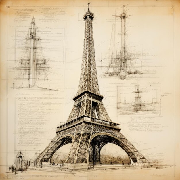 Croquis architectural à la main de la tour Eiffel AI générative