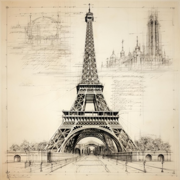 Croquis architectural à la main de la tour Eiffel AI générative