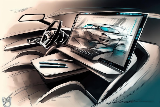 Croquis au crayon de conception de voiture avec tableau de bord futuriste et écrans d'affichage créés avec une IA générative