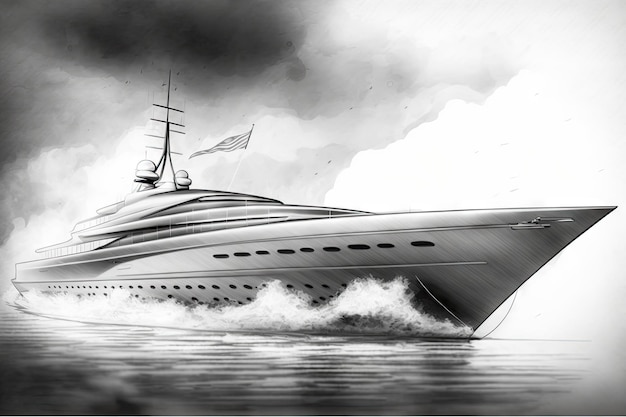 Croquis au crayon d'un yacht élégant et moderne avec une touche rétro