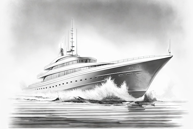 Croquis au crayon d'un yacht élégant et moderne avec une touche rétro
