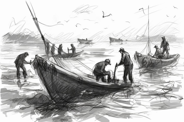 Croquis d'un bateau avec un pêcheur à l'arrière