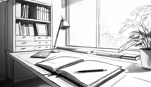 Un croquis d'un bureau avec un livre et un stylo dessus.