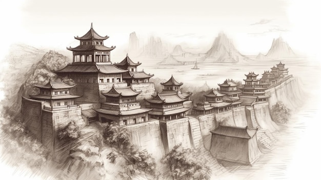 Un croquis d'un château en Chine
