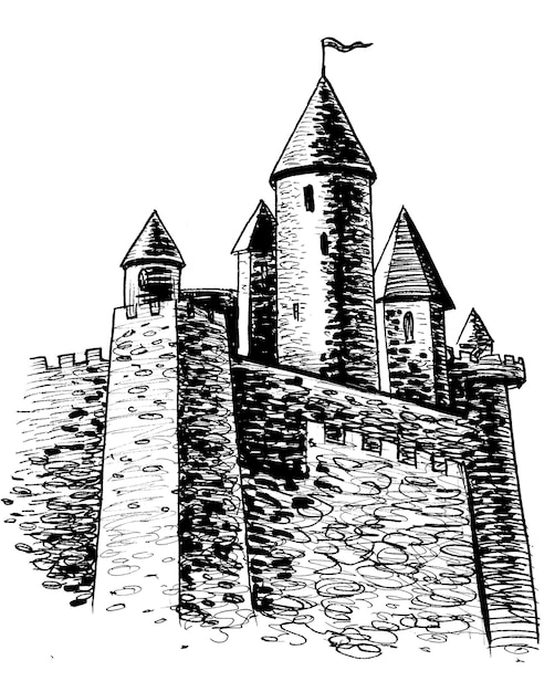 Croquis d'un château avec une tour. croquis noir et blanc d'un château avec une tour illustration libre de droits