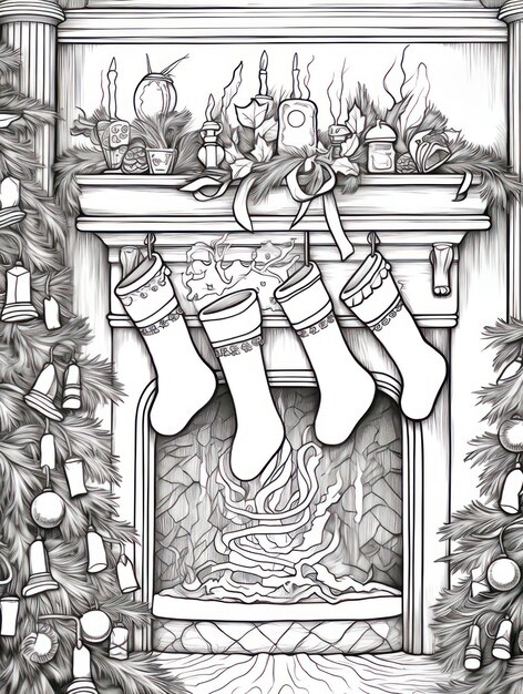 Photo croquis d'une cheminée et de chaussettes de noël illustration dessinée à la main