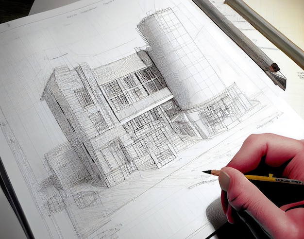 Croquis de concept au crayon d'un bâtiment moderne réalisé avec l'IA générative