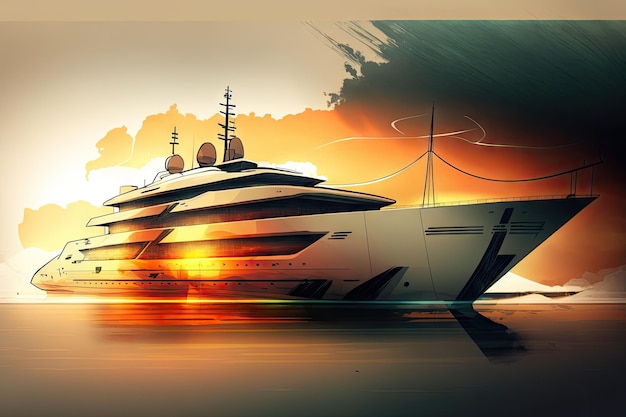 Photo croquis de conception de yacht avec vue sur le coucher du soleil mettant en valeur la beauté naturelle de la nature