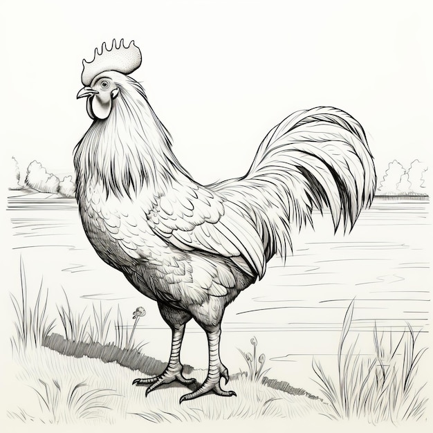 Photo un croquis d'un coq debout sous un arbre, présentant des illustrations détaillées de personnages avec une profondeur monochromatique. cette illustration animalière hyper réaliste capture l'essence du pays du sud