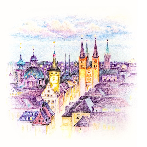 Croquis de crayons Coplored Alte Mainbrucke, vieille ville de Wurzburg, Franconia, Bavière du Nord, Allemagne