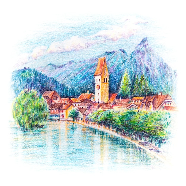 Croquis de crayons Coplored de l'église et de la rivière dans la vieille ville d'Unterseen Interlaken, Suisse