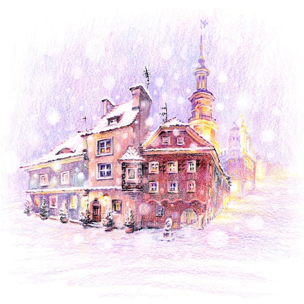 Croquis de crayons coplored de la place du vieux marché de Noël enneigé à Poznan, Pologne