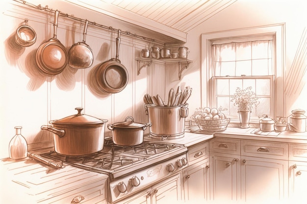 Croquis d'une cuisine classique avec des détails vintage, notamment des casseroles et poêles en cuivre et des poêles en fonte