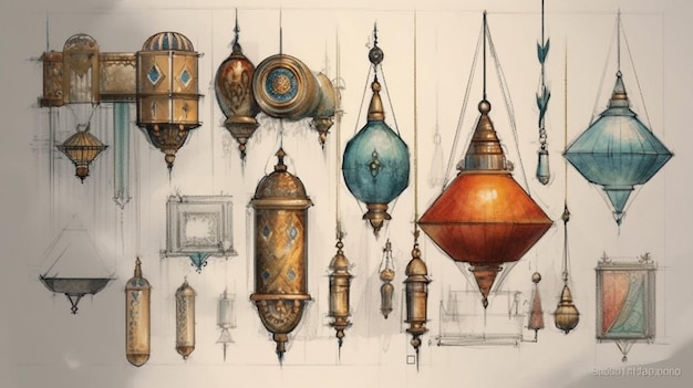 Croquis de décorations et d'éclairage traditionnels de l'Aïd