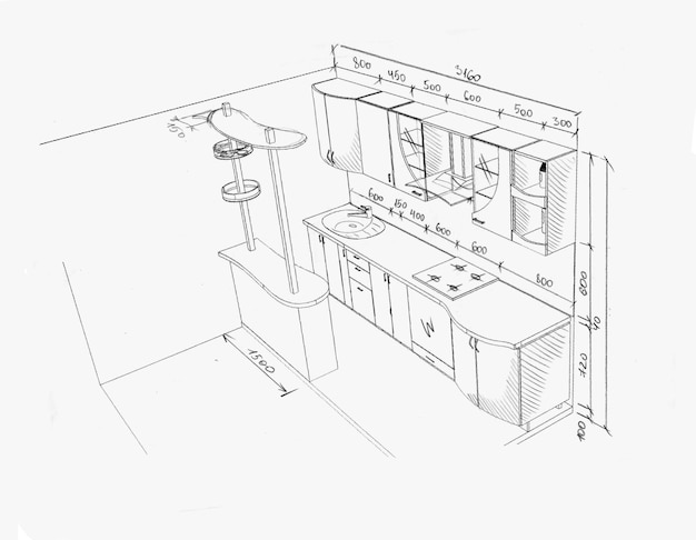 croquis de dessin de meubles de cuisine avec des dimensions