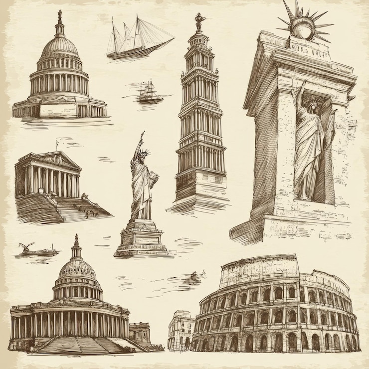 Photo des croquis dessinés à la main de monuments et de bâtiments célèbres