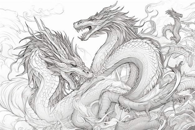 Un croquis de deux dragons combattant dans les airs.