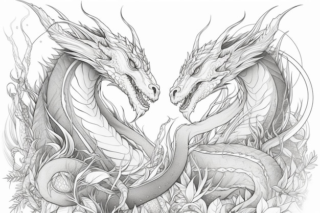 Un croquis de deux dragons face à face avec des fleurs sur le dos.