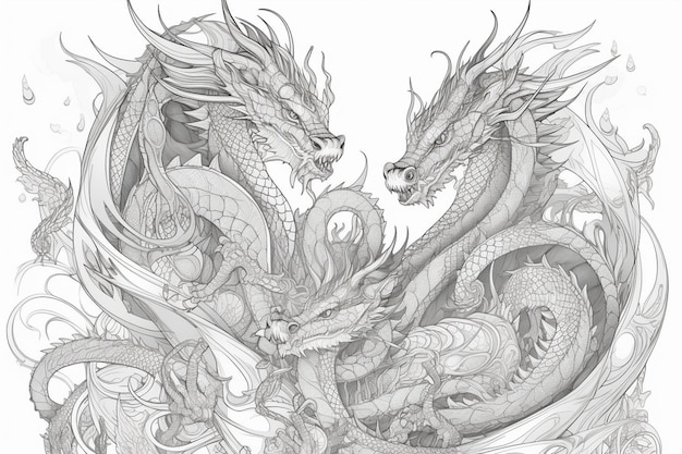 Un croquis de deux dragons face à face.