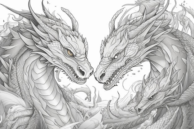 Un croquis de deux dragons face à face.