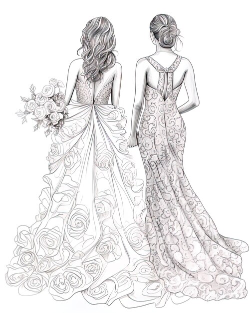 un croquis de deux femmes dans une robe de mariée