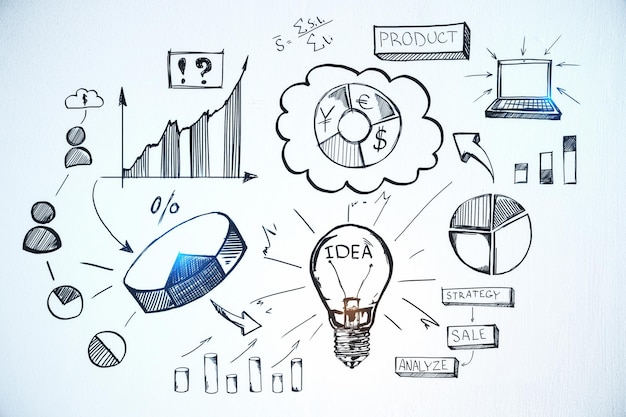 Croquis d'entreprise créative sur fond de mur en béton Idée de formation ciblage et concept de réussite