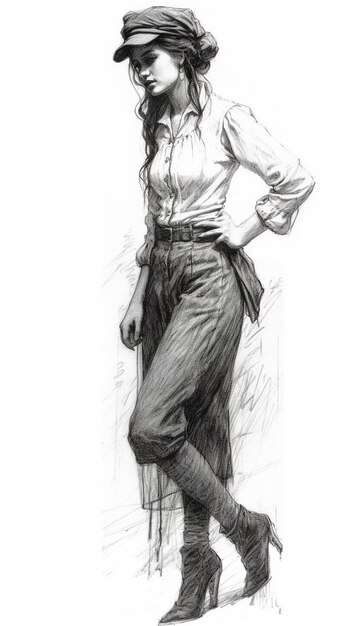 Photo un croquis d'une femme vêtue d'une chemise blanche et d'un jean.