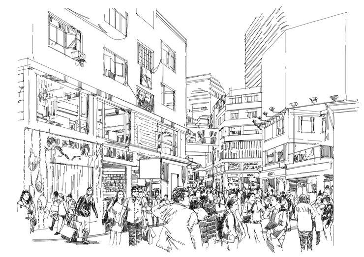 Photo croquis de foule de gens dans la rue commerçante