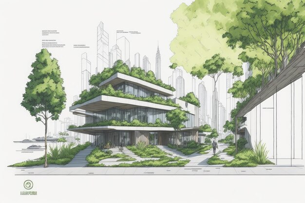 Croquis d'un immeuble de bureaux moderne sur fond d'arbres verts Architecture écologique Générateur d'IA