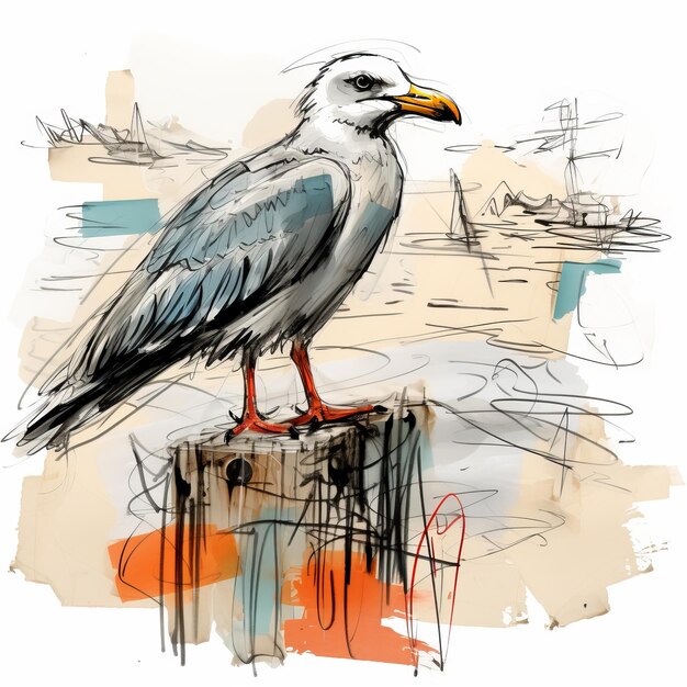 Photo un croquis impressionniste coloré d'une mouette perchée sur un poteau