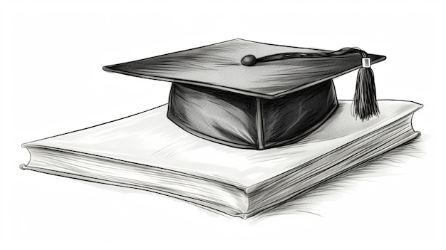 croquis de livre avec casquette de graduation noire