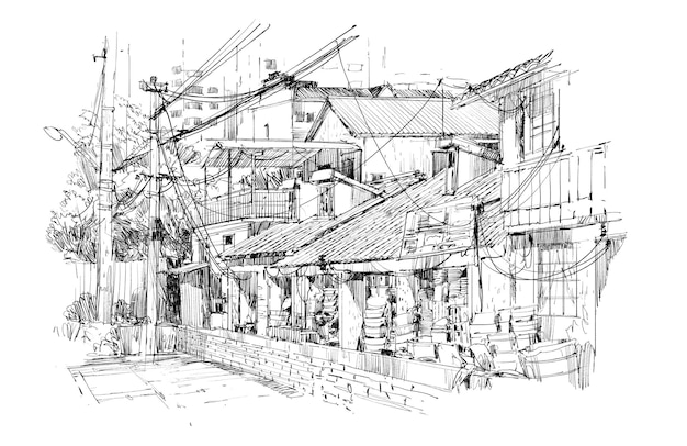 croquis à main levée de vieux bâtiments en Chine