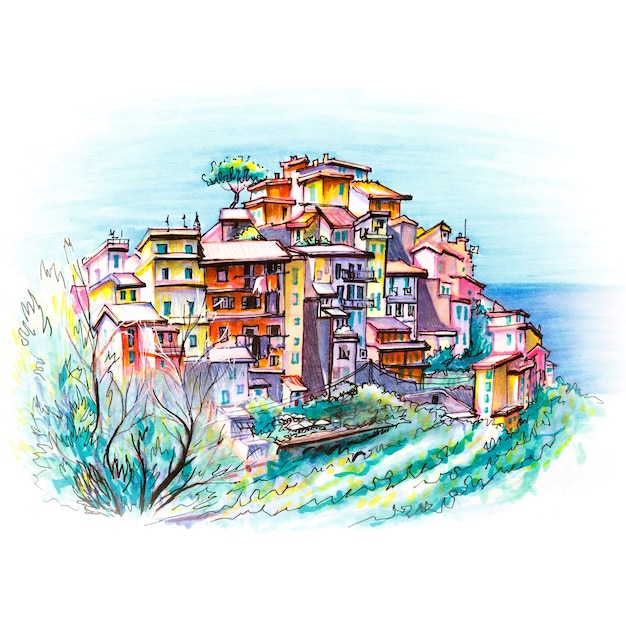 Croquis de marqueur du village de pêcheurs de Corniglia, Ligurie, Italie.