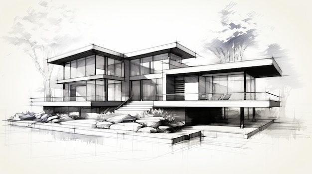 Un croquis minimaliste d'une maison de luxe moderne avec des marches en pierre