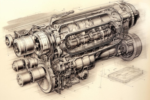 Croquis de moteur de voiture dessiné par un ingénieur